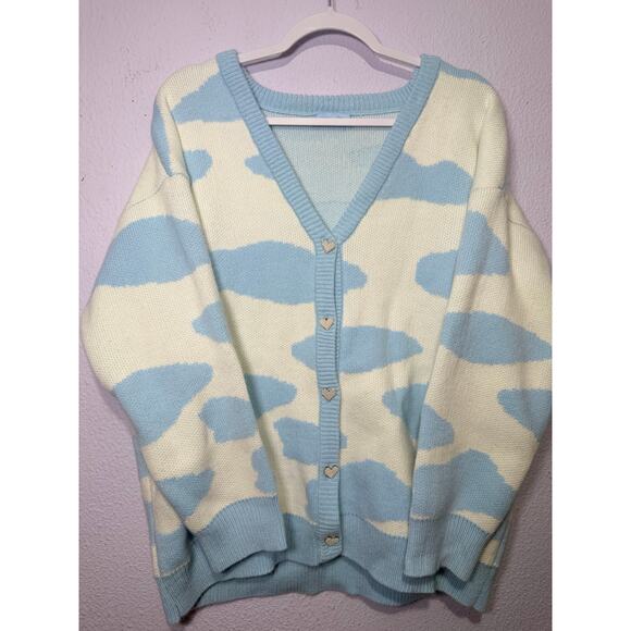 KokoKuma Sweaters - KokoKuma Blue Cow Print Cardigan L Coquette Soft Girl Y2K Kawaii Cottagecore